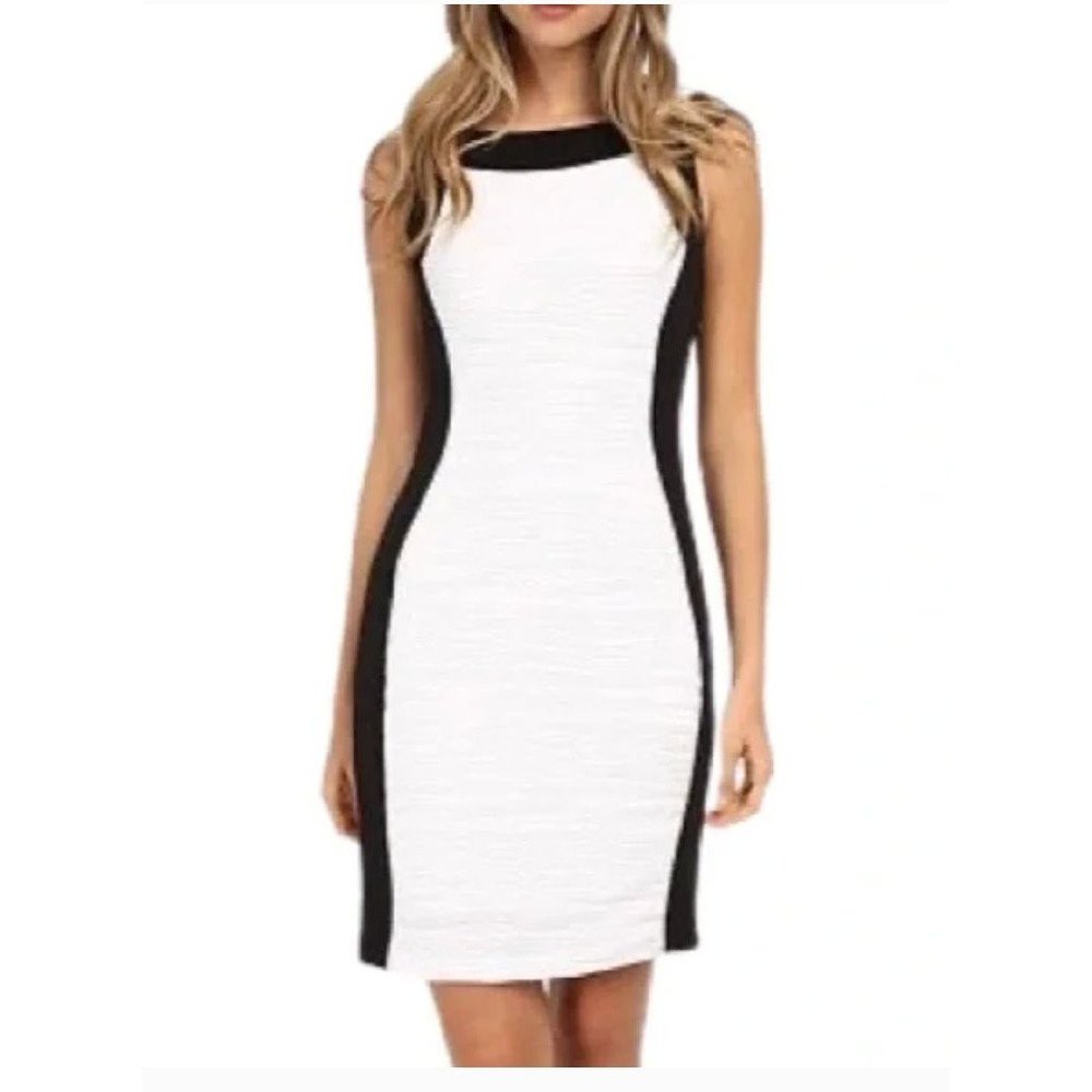 Size 16W 1X CALVIN KLEIN BLACK & WHITE COLORBLOCK TEXTURED SHEATH DRESS Plus Sz